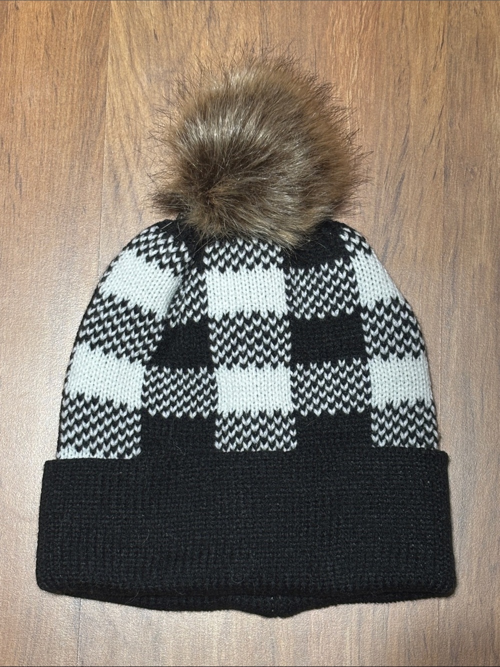 Black & White Check Knit Beanie with Faux Fur Pom